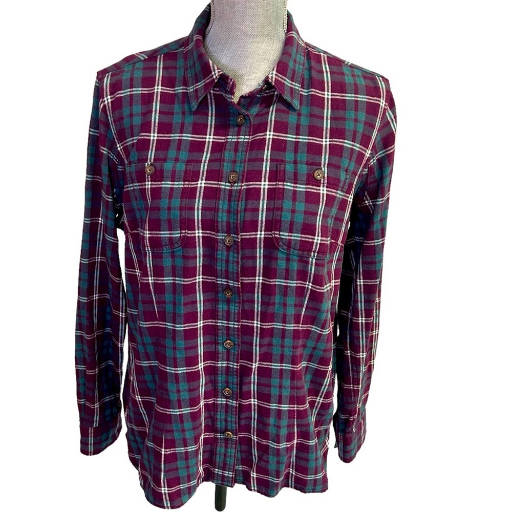 Duluth Trading Co Flannel Shirt Womens M Plaid Purple Green Cotton Button Up